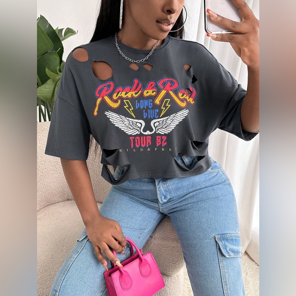 Slayr Wings & Slogan Graphic Cut Out Drop Shoulder Tee XS